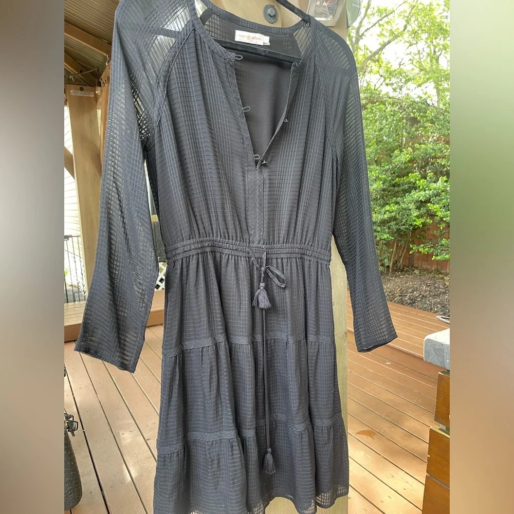 Tory Burch Black Long-Sleeve Tiered Textured Dress